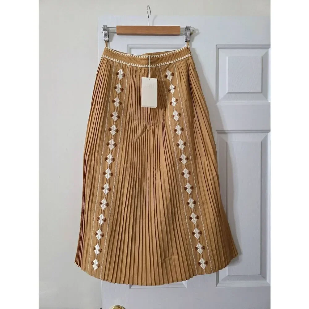 Ulla Johnson Midi Pleated Brown Sabina Embroidered Skirt 0 NWT - Picture 3 of 12